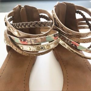 Tan ankle sandals with colorful detail. Size 9